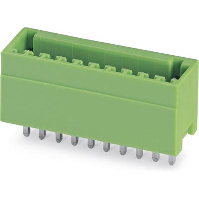 Green electrical connector with multiple metal pins, suitable for printed circuit board mounting.