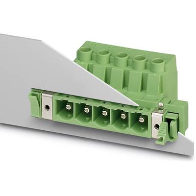 'Green, six-pole printed circuit board connector, partly installed in a grey housing.'