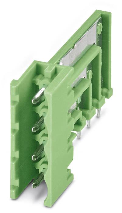 A green, right-angled connector with multiple metal pins, typically used for electronic printed circuit board connections.