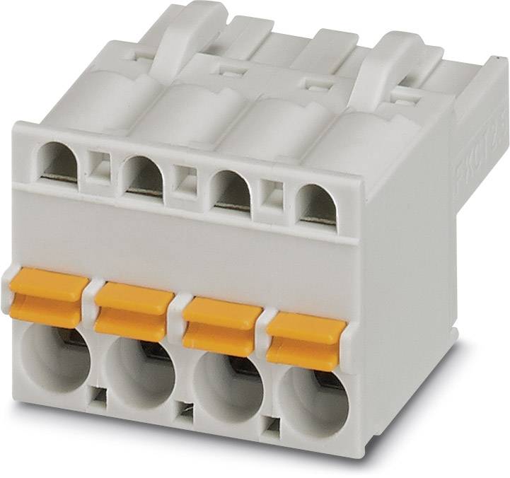 A grey, rectangular connector with five orange levers for electrical wires.