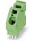 Green electrical connector with three metal pins, suitable for printed circuit board mounting.