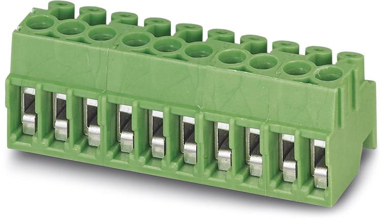 Green, multi-pole terminal block with screw connections, typical for wiring in electronic devices.