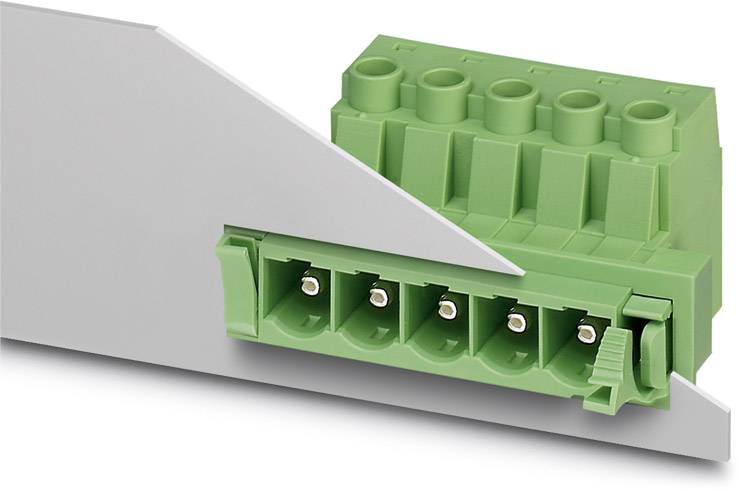 A green, five-pin connector on a grey surface, for electronic connections in technical applications.