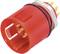 Red electrical plug with gold-coloured contacts and hexagonal mounting, cylindrical shape for use in electrical devices.