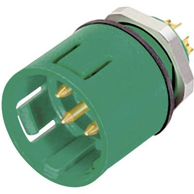 Green electrical connector with multiple gold-coloured pins, suitable for electronic devices or wiring systems.