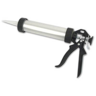 A black-handled silicone gun with a metallic cylinder, used for applying sealants.