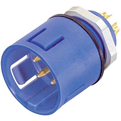 A blue electric plug with multiple golden pins and a silver metal ring.
