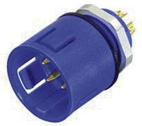Blue electrical connector with four golden contact pins, central mounting nut, suitable for electronic devices.