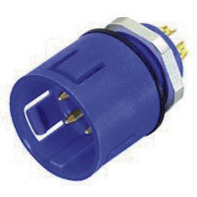 Blue electrical connector with four golden contact pins, central mounting nut, suitable for electronic devices.