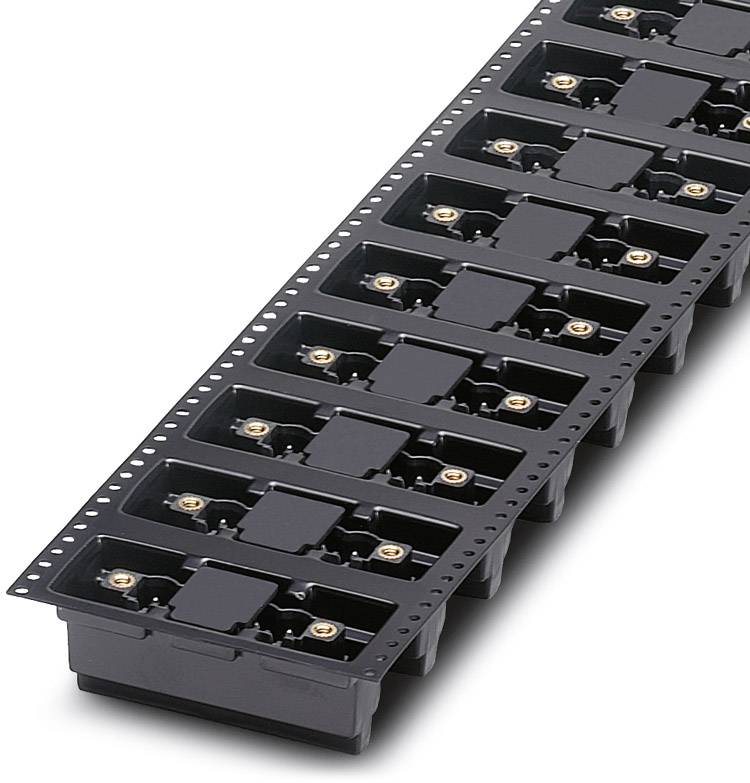 Row of black, rectangular plastic casings with round, metallic contacts. They are arranged in a continuous line.