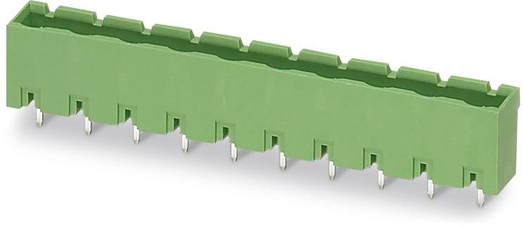 Green, rectangular, multi-pin connector with pins for printed circuit board mounting. Suitable for electronic connections.