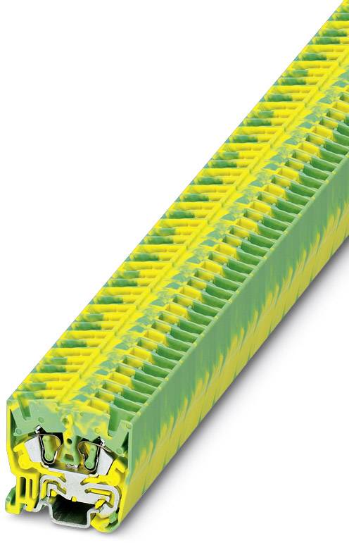 'Yellow-green earthing terminal for electrical applications, pyramid-like structure, side view, detail of connection mechanisms visible.'