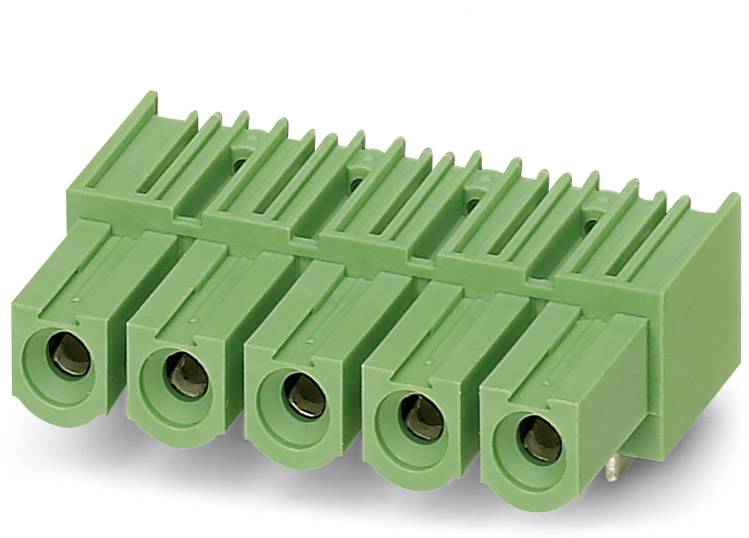 A green, five-pin connector block with holes for electrical wires, suitable for electronic devices or circuits.