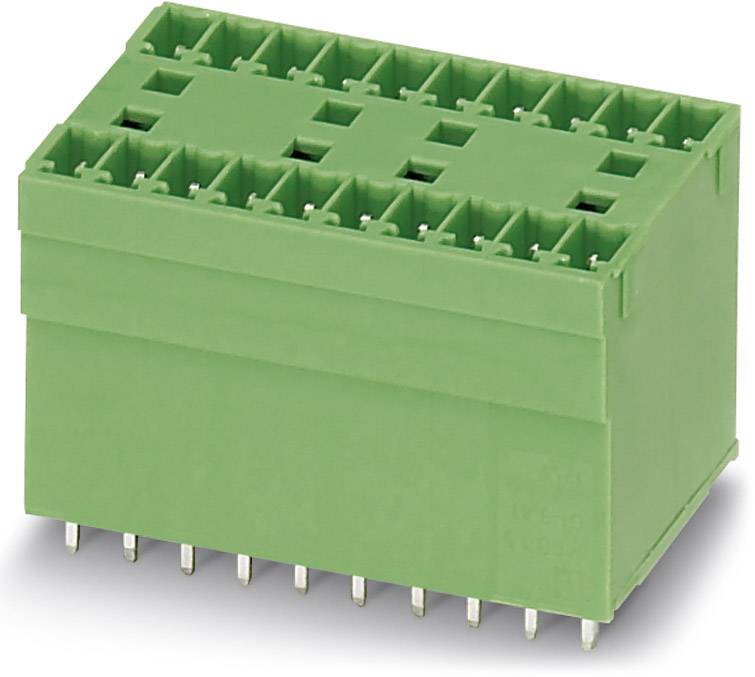 A green, rectangular electrical connector with multiple pin arrays for connecting electronic components.
