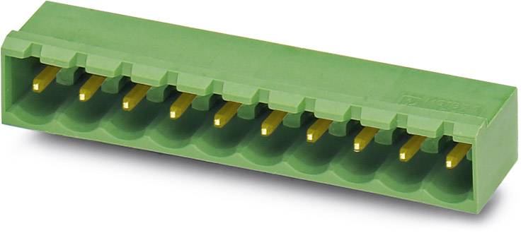 Green nine-pin plug with yellow contacts, horizontally aligned for electronic connections.