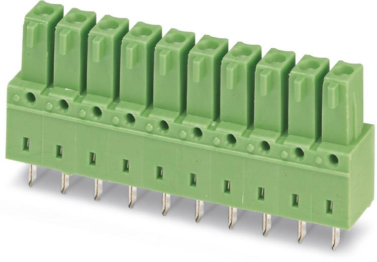 Green terminal block with eight connections, vertical metal pin contacts underneath. Suitable for electronic connections.