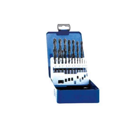A set of metal drill bits in various sizes in a blue plastic box. The drill bits are neatly arranged in rows.