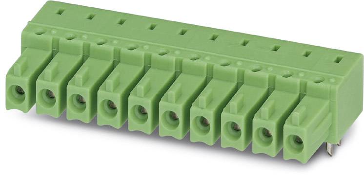 Green 10-pole screw terminal for electrical connections, with round openings for wire terminals, on a white surface.