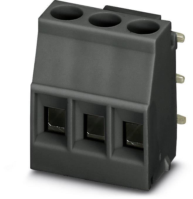 Black connector with three connection openings; side metal pins for connecting electrical cables.