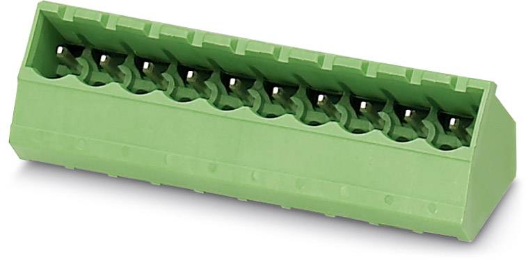 Green, box-shaped terminal block with ten connections for electrical wiring.