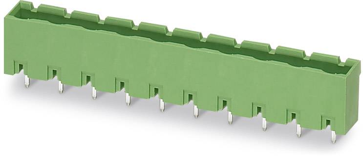 Green 10-pin printed circuit board connector with straight pins for electrical connection.
