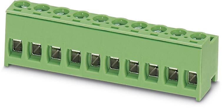 Green, rectangular electrical connector block with multiple terminal connections, used for securing wire connections.