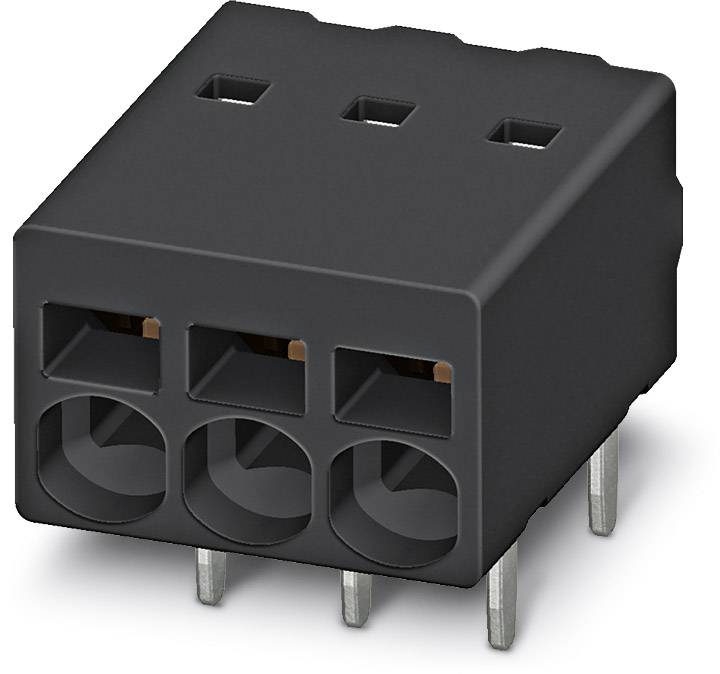 Black, rectangular connector with three round holes and four silver metal pins beneath, suitable for electrical connection.
