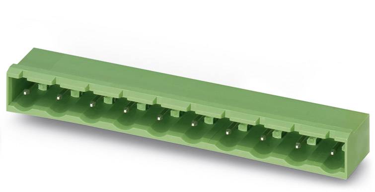 Green connector with multiple terminal blocks in a row, used for electrical wiring and circuits.
