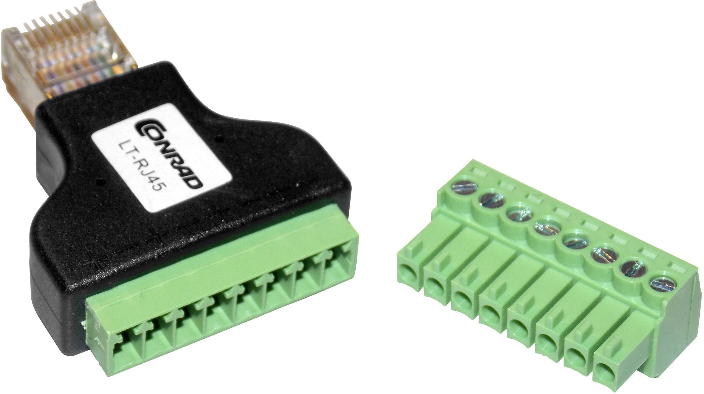 An RJ45 adapter next to a green terminal block adapter, used for electrical connections in networks or devices.