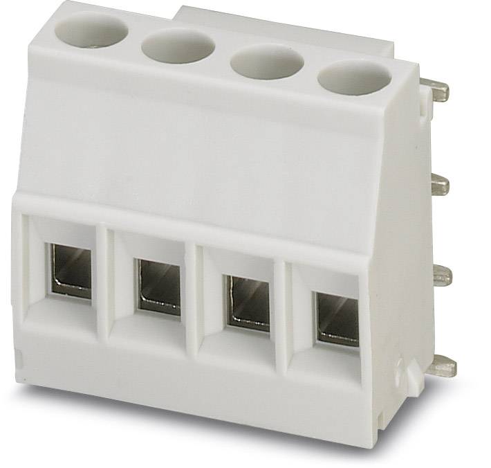 A white, four-pole connector with solder contacts, used in electronic devices for connecting cables and components.