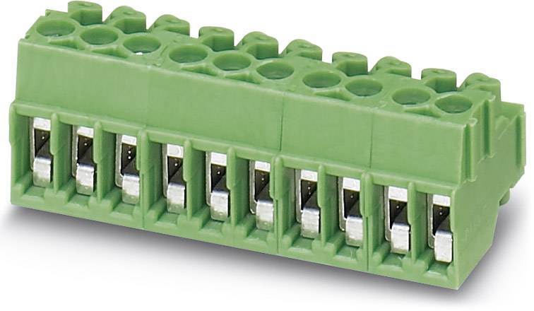 Green printed circuit board connector with multiple slots for electrical connection and signal transmission.