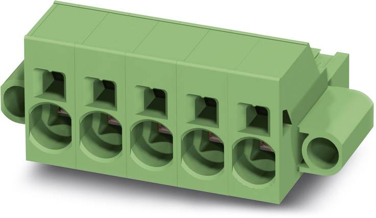 Green, five-way electrical connector block, front view showing visible terminals and housing.