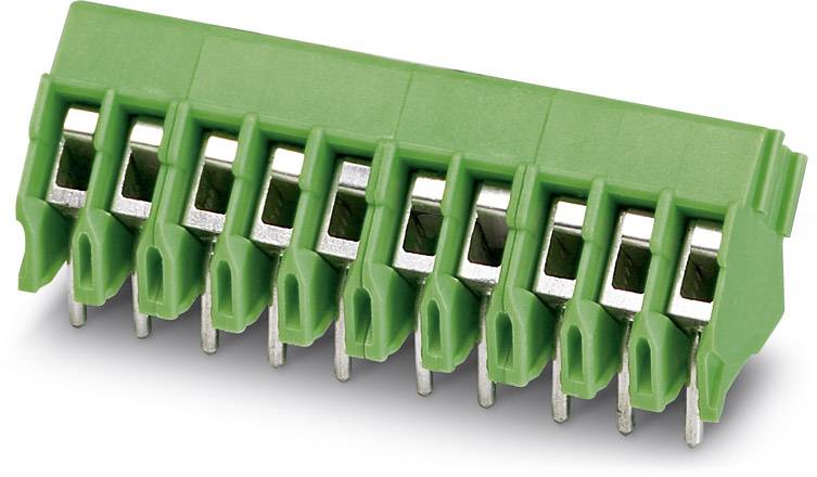 Green, six-pole connector with screw terminals for securing electrical wires, suitable for PCB mounting.