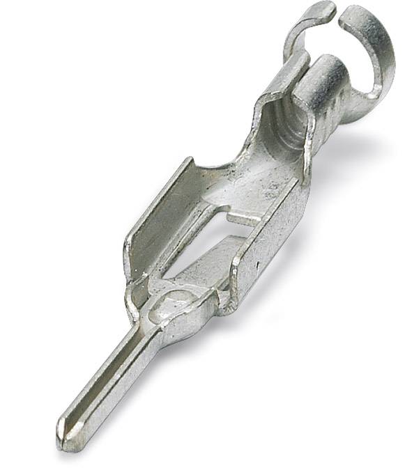 Metal electrical connector, silver-coloured, with a narrow, elongated end and a broader, open counterpart for electrical wiring.