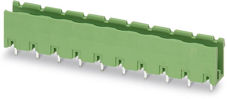 Green, rectangular plug connector with multiple metal pins. Used in electrical circuits to connect components.