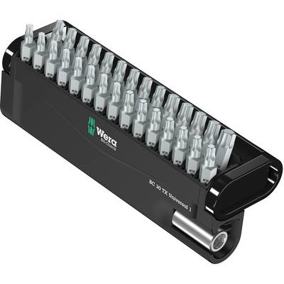 A set of Torx bits by Wera in a black holder, model 'EC 30 TX Universal 1', suitable for various screw-related tasks.