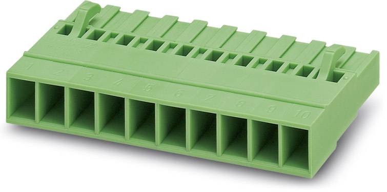 A green connector plug with ten numbered terminals, suitable for connecting electrical components.