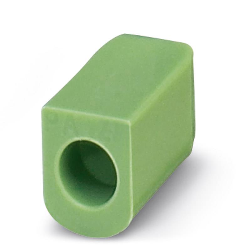 Green, rectangular cable connector with a round hole on the front face, in which a cable or plug can be secured.