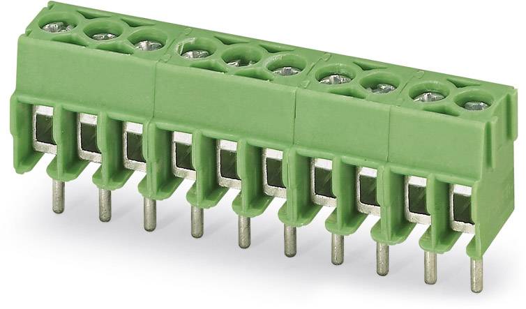 Green terminal block with 8 connection points and metal pins, typically used for electrical connections in circuits.