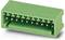 Green electrical connector with multiple metal pins for connecting electronic devices and circuits.