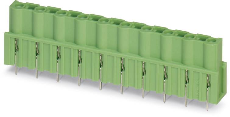 Green terminal block connector with 12 pins in two rows, used for electrical connections on printed circuit boards.