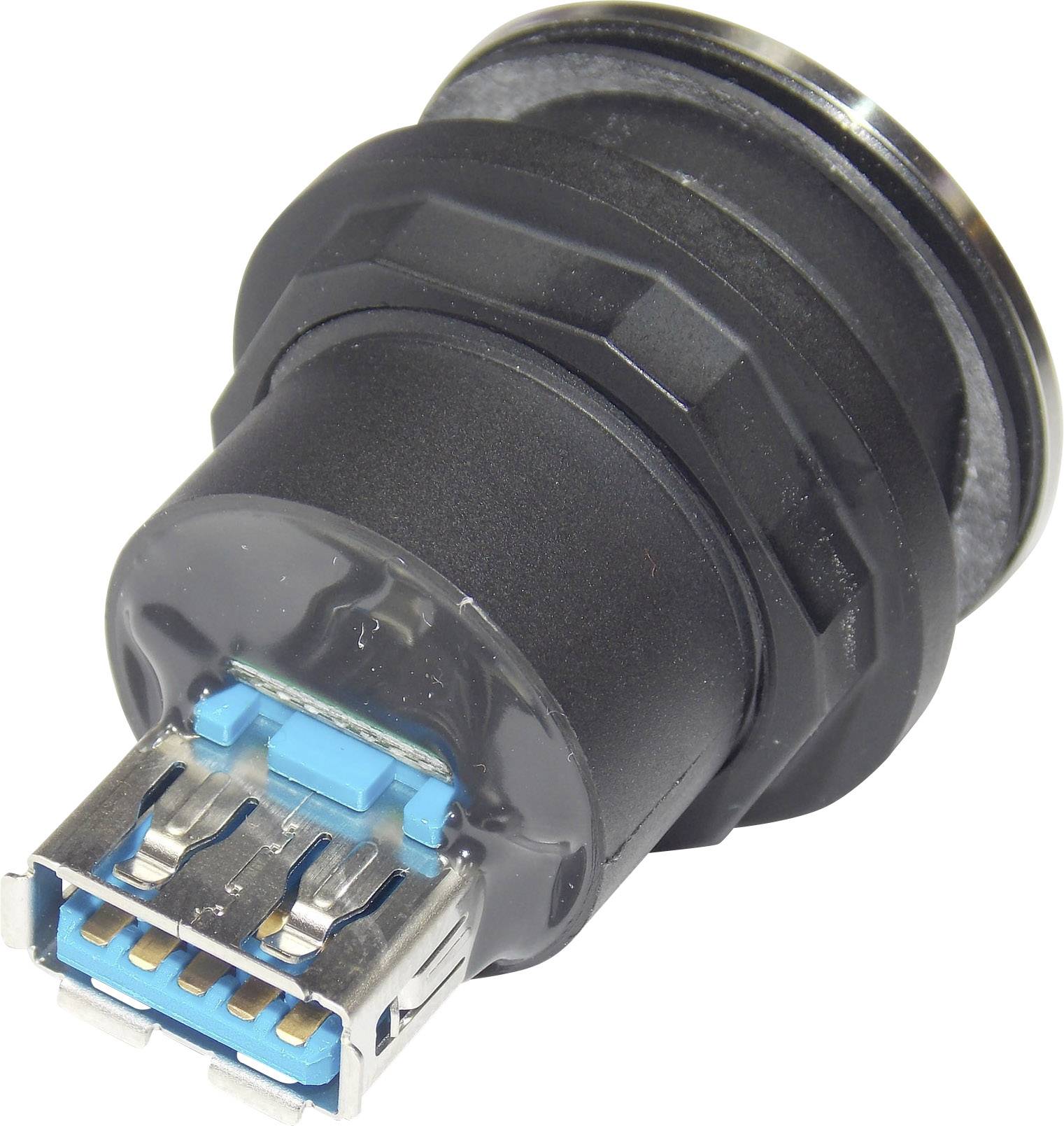 Close-up of a USB plug in a black casing, compatible with USB 3.0, showing the blue contacts at the front.
