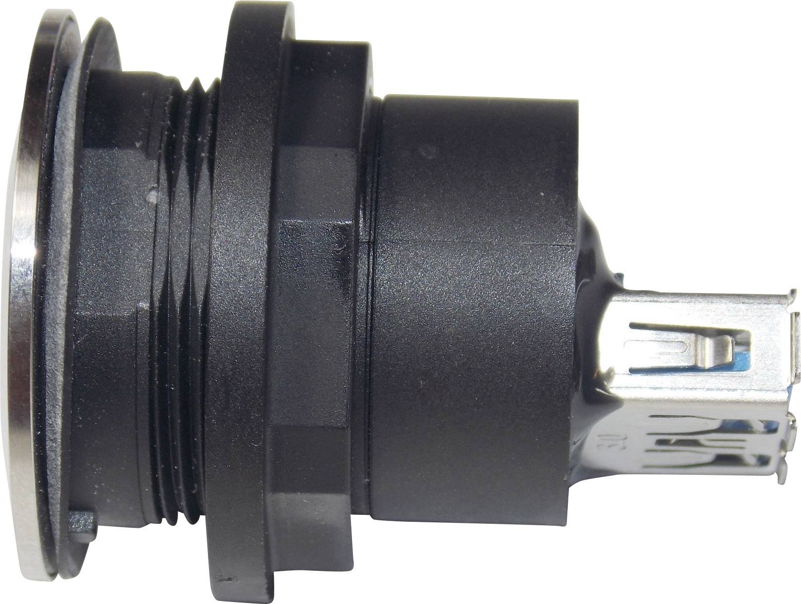 A black, round push button with a metal rim and multiple pins on the back, suitable for electronic applications.
