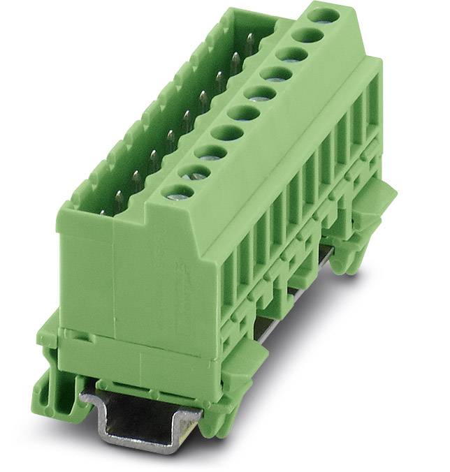 Green plug-in connector for DIN rail mounting with multiple connection terminals.
