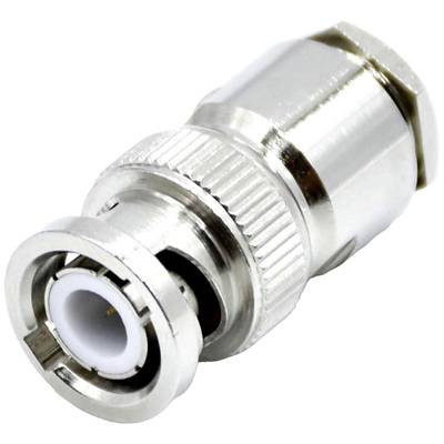 Silver BNC coaxial connector against a white background.