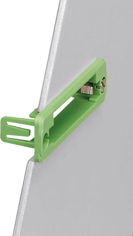 Green plastic connecting component fastening a grey metal plate.