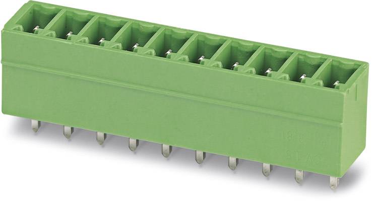 Green, rectangular electrical connector block with ten connection points and pins, for use in electronic circuits.