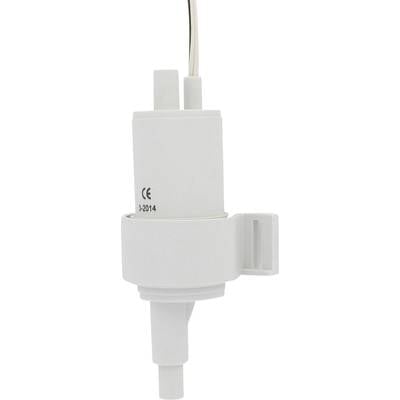 A white plastic float switch that is electrically connected; used for liquid level monitoring in containers.