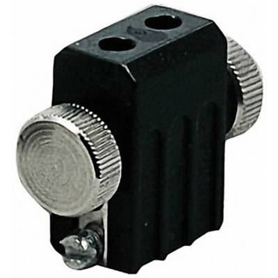 Black speaker block with two metal connectors for cable connections, commonly used in audio devices.