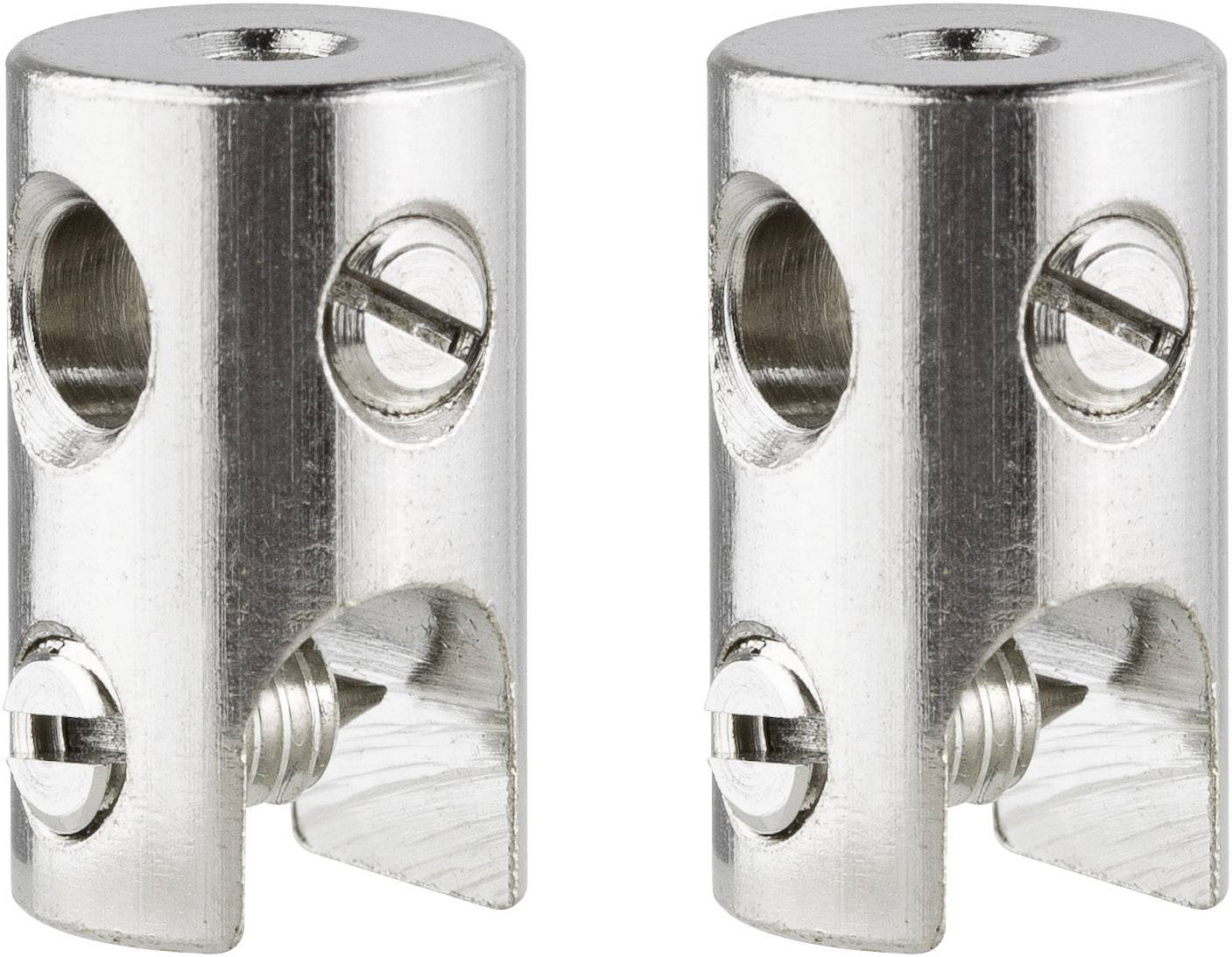 Two silver metal connectors with screw holes, cylindrical in shape. They have multiple openings for screws.